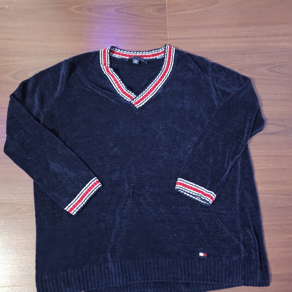 Tommy Hilfiger Navy V-Neck Sweater with Red & White Stripe Trim